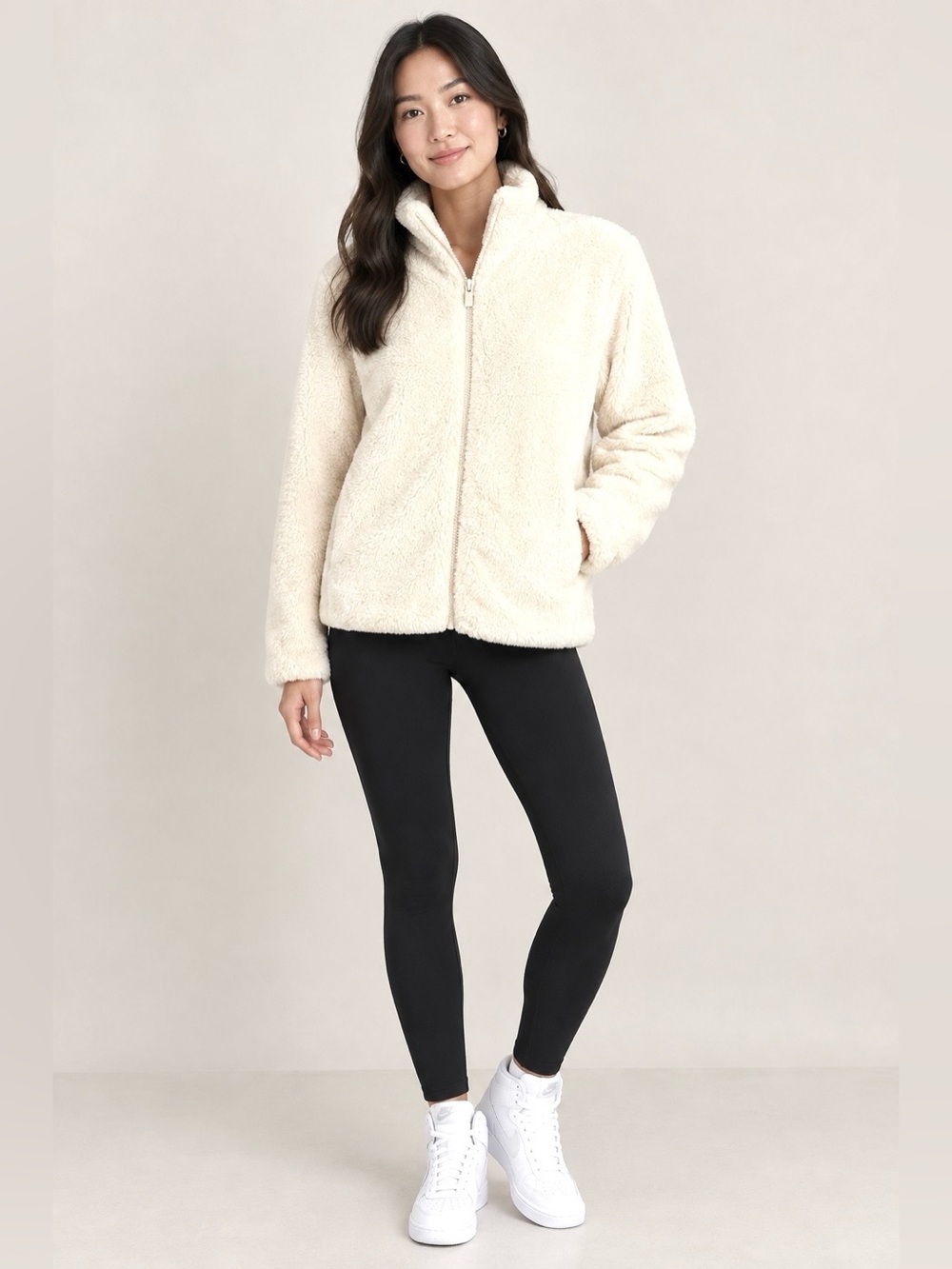 UNIQLO Fluffy Yarn Faux Sherpa Full Zip Jacket - Ivory Size M